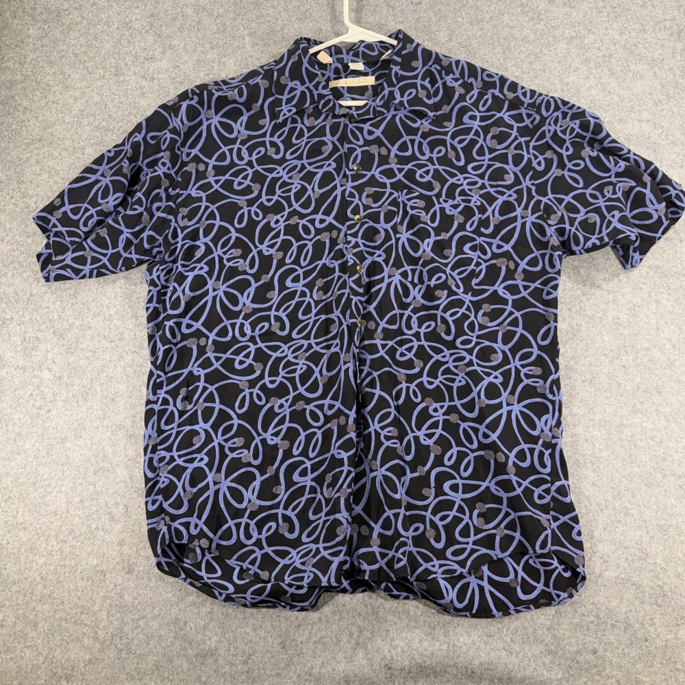Haupt Mens XL Abstract Swirl Print Rayon Short Sleeve Button Down Shirt Black